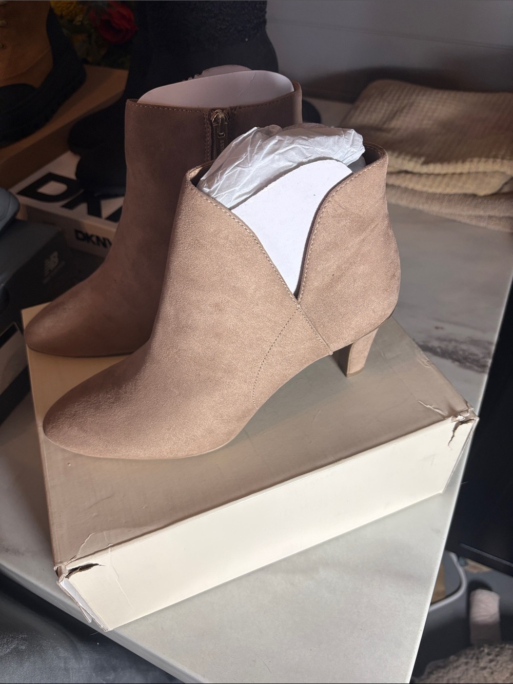 Anne Klein Taupe Suede Side Zip Ankle Booties - Picture 2 of 9